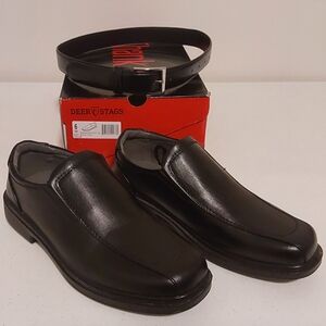 NWT Deer Stags Boy's Black Leather Slip-On Loafers + Bonus Belt